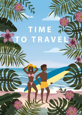 Yaz Tatili Beach Mutlu Çift Seyahat Zamanı. Surfboard ile Karısı ve Kocası Seashore Floral Sahilde Kum Denizi Okyanusu Having Fun yürüyüş Beach Vacation zevk. Vektör İllüstrasyonu