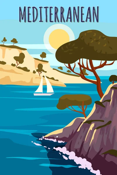 Μεσογειακή αφίσα, τοπίο διακοπές στη θάλασσα Ευρώπη. Ορεινά, δέντρα, λιμάνι, ιστιοφόρο, ηλιοβασίλεμα. Ταξίδι καλοκαιρινό ταξίδι διακοπών. Vintage στυλ διανυσματική απεικόνιση — Διανυσματικό Αρχείο