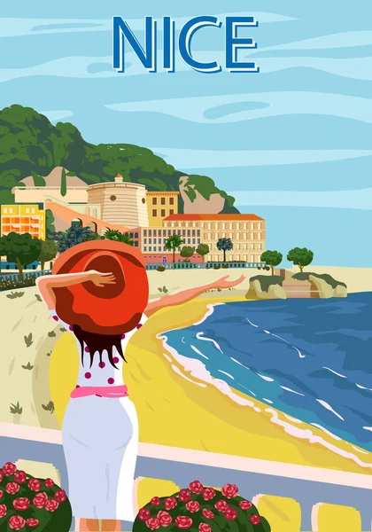 Nice francês Riviera costa poster vintage. Mulher de férias, resort, costa, mar, praia. vetor de ilustração estilo retro —  Vetores de Stock