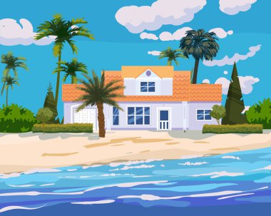 Tropikal egzotik ada kıyısında bir villa. Modern lüks kulübe, okyanus, sahil, palmiyeler ve bitkiler, yaz mevsimi manzara seachore. Vektör illüstrasyonu