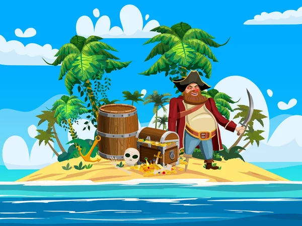 Тропический остров сокровищ, одноногий пират, древний пиратский сундук с сокровищами, бочка, череп, экзотические растения, пальмы, море, океан, облака. Морской пейзаж побережья, пляж, песок, приключение, игра. Вектор — стоковый вектор