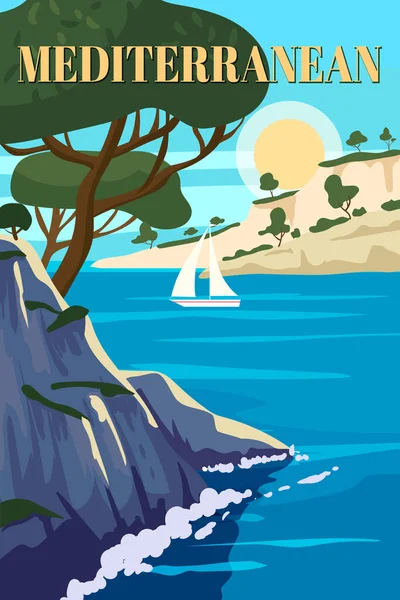 Ретро средиземноморский плакат, пейзаж морского отдыха Европы. Горы, деревья, гавань, парусник, закат. Путешествуйте летом. Векторная иллюстрация винтажного стиля — стоковый вектор