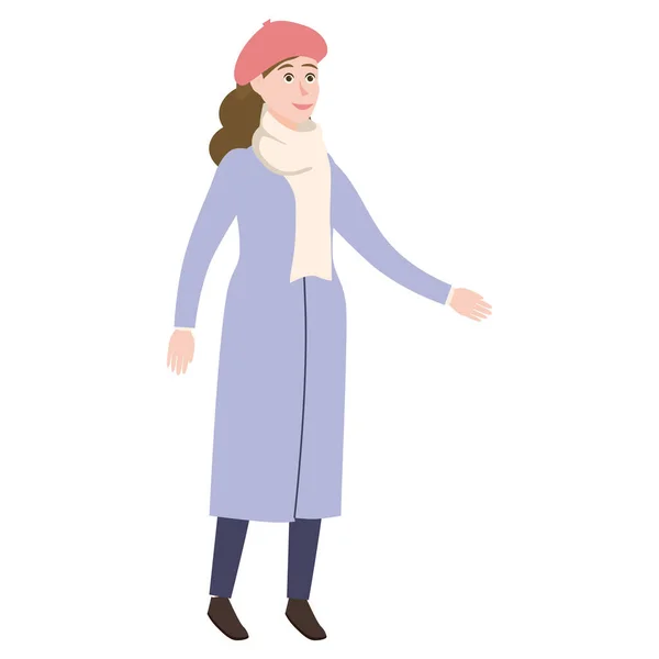 若い女性の冬の寒い天候の服、キャップ、暖かいコート、ブーツ。漫画のフラットスタイル — ストックベクタ
