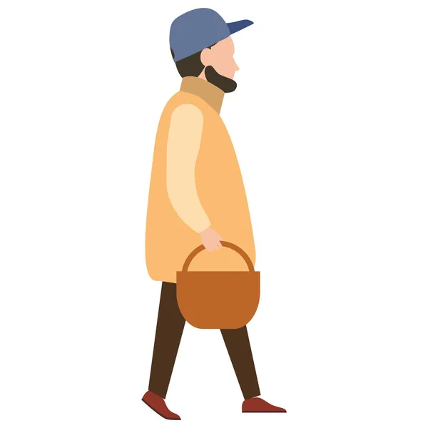 Jeune homme avec panier pour les marchandises, vêtements hiver froid, chapeau manteau chaud, écharpe, bottes. Cartoon style plat — Image vectorielle