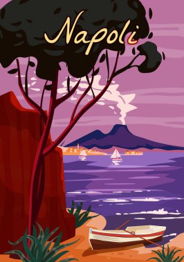 Napoli Retro Poster İtalya. Akdeniz yelkenlisi, Vezüv yanardağı, sahil, kaya. Vektör illüstrasyon kartpostalı