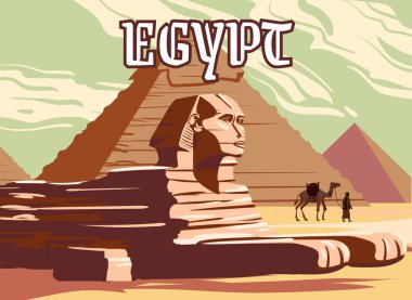 Antika Sancak Antik Sfenks, Mısır Firavun Piramitleri. Mısır Ülkesi 'ne, Sahra Çölü' ne, deveyle Mısır 'a seyahat. Retro kart illüstrasyon vektörü