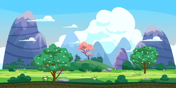 Paesaggio fantastico, colline verdi, alberi, primavera, montagne, panorama. Vettore cartone animato sfondo illustrazione — Vettoriale Stock