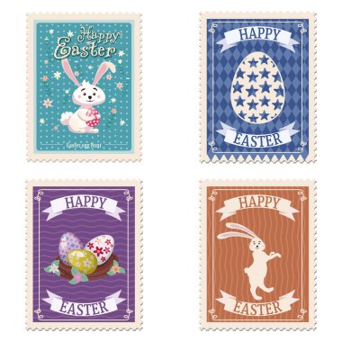 Paskalya posta pulları, tavşanlar, yumurtalar, retro grafik koleksiyonu. Vintage vektörü