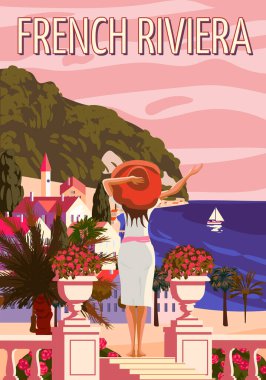 Fransız Riviera Güzel sahil posterleri. Tatildeki kadın, tatil köyü, sahil, deniz, plaj. Retro biçim illüstrasyon vektörü