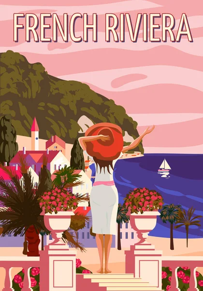 Французская Ривьера на побережье Ниццы. Женщина на отдыхе, курорте, побережье, море, пляж. Вектор иллюстрации стиля ретро — стоковый вектор