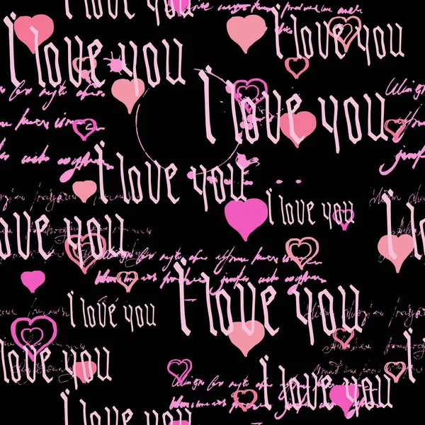 Modello senza soluzione di continuità Testo gotico Ti amo, parole scritte a mano.Schizzo, scarabocchio, lettering, cuori, felice giorno di San Valentino. illustrazione vettoriale sfondo rosa — Vettoriale Stock