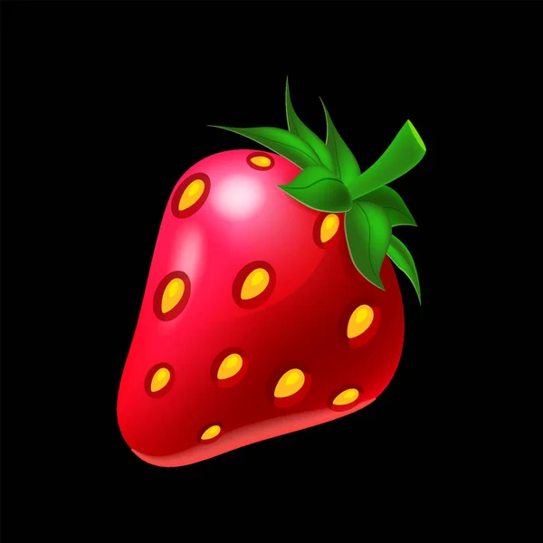 Fresa fruta entera fresca, de color rojo, hoja verde. Vector ilustración máquina tragaperras icono de dibujos animados — Vector de stock