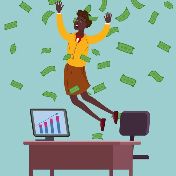 Feliz mujer de negocios africana saltar en el aire cayendo monedas de dinero lluvia en la oficina. Negocios financieros exitosos, caída de efectivo. Ilustración vectorial — Archivo Imágenes Vectoriales
