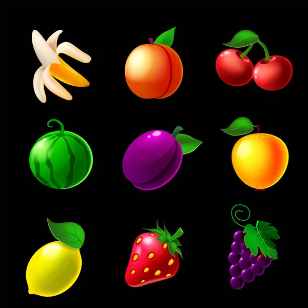 Ensemble de Fruits machine à sous icônes, citron, fraise, raisin, pomme, pastèque, prune, banane, pêche, cerise. Symbole de collection classique pour jeux de hasard, application mobile. Illustration vectorielle style dessin animé — Image vectorielle