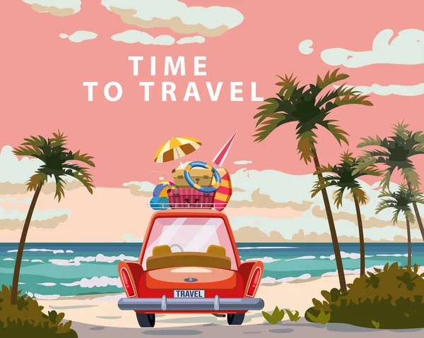 Tiempo Para Viajar Coche Rojo Con Bolsas Equipaje Tabla Surf — Vector de stock