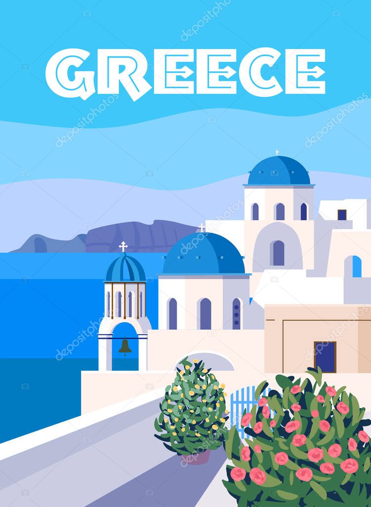Greece Poster Travel, Greek white buildings with blue roofs, church, poster, old Mediterranean European culture and architecture. Vintage style vector illustration