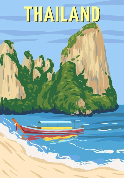 Plakát Thaiföld Trópusi Üdülőhely Vintage Utazási Nyár Egzotikus Tengerpart Csónak — Stock Vector