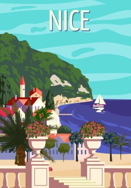 Güzel bir Fransız Riviera sahil posteriydi. Akdeniz Tatil Köyü, sahil, deniz, palmiyeler, sahil. Retro biçim illüstrasyon vektörü