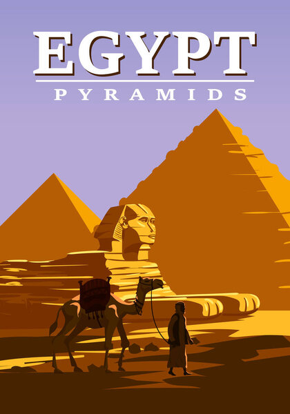 Ancient Egypt Pharaoh Pyramids Sphinx Vintage Poster. Travel to Egypt Country, Sahara desert, camel with egyptian. Retro card illustration vector