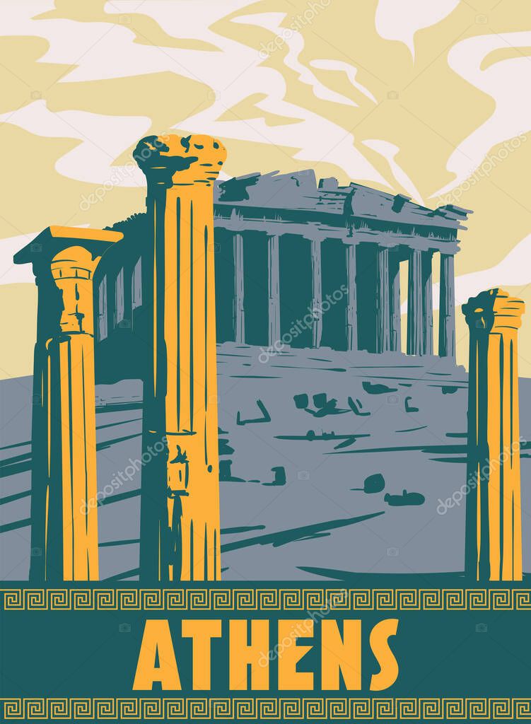 Travel to Greece Athens Poster Travel, columns ruins temple antique, old Mediterranean European culture and architecture