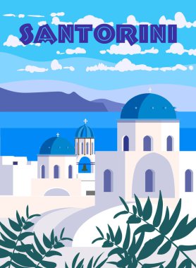 Yunanistan Santorini Poster Seyahati, mavi çatılı Yunan beyaz binaları, kilise, poster, eski Akdeniz Avrupa kültürü ve mimarisi