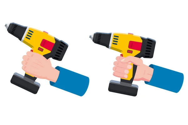 Hand holds electric screwdriver, reapair construction tool, illustration, vector — Vettoriale Stock