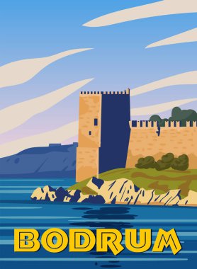 Bodrum Kalesi retro poster, Turkey Resort. Vintage turistik kartpostal, pankart, vektör