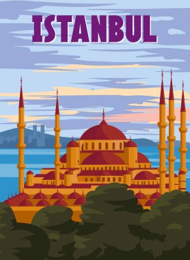 Istanbul retro poster, sunset city Turkey, Noble Hagia Sophia Grand Mosque. Vintage touristic postcard