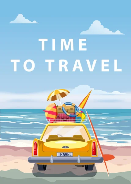 Tiempo para viajar coche amarillo con bolsas de equipaje, tabla de surf en la playa. Costa tropical, palmeras, mar, océano, vista trasera. Dibujos animados retro ilustración vectorial — Archivo Imágenes Vectoriales