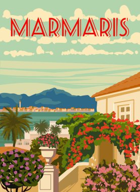 Marmaris dönüm noktası, Türkiye tatil beldesi, retro poster, ufuk çizgisi, ufuk çizgisi. Vintage turistik kartpostal, pankart, vektör