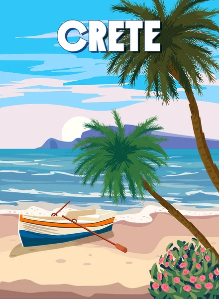 Crete Poster Travel, Greek seascape, beach, palms, boat, poster, Mediterranean landscape. Vintage style — Stock Vector
