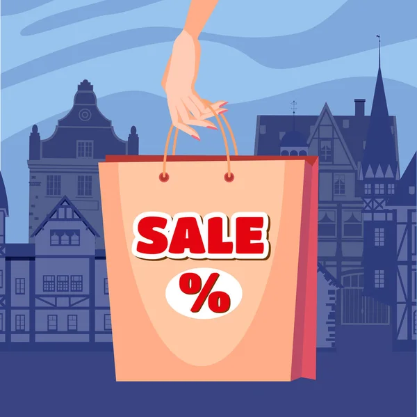 Super sale, woman s hand holding a bag, discounts. Shopping for a sale, background night city. Vector illustration, retro, vintage — Stok Vektör