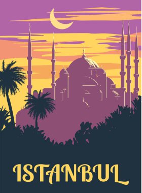 Retro Poster Istanbul, sunset city Turkey, Noble Hagia Sophia Grand Mosque, silhouette. Vintage touristic postcard
