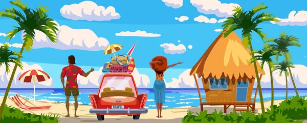 Pár na dovolené, červené auto se zavazadly, surfovací prkno na pláži. Chata, bungalov, tropické moře, palmy, moře, oceán, výhled zezadu. Vektorová ilustrace retro karikatura — Stockový vektor