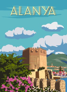 Retro Poster Alanya landmark, Turkey resort, horizon, skyline. Vintage touristic travel postcard, placard, vector