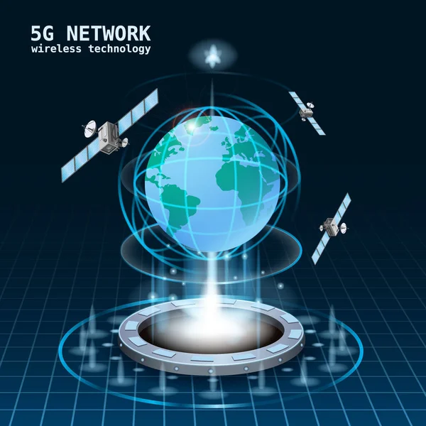 Sieć 5G Globalny portal internetowy technologii futurystycznych, hologram, szybka transmisja danych satelitarnych — Wektor stockowy