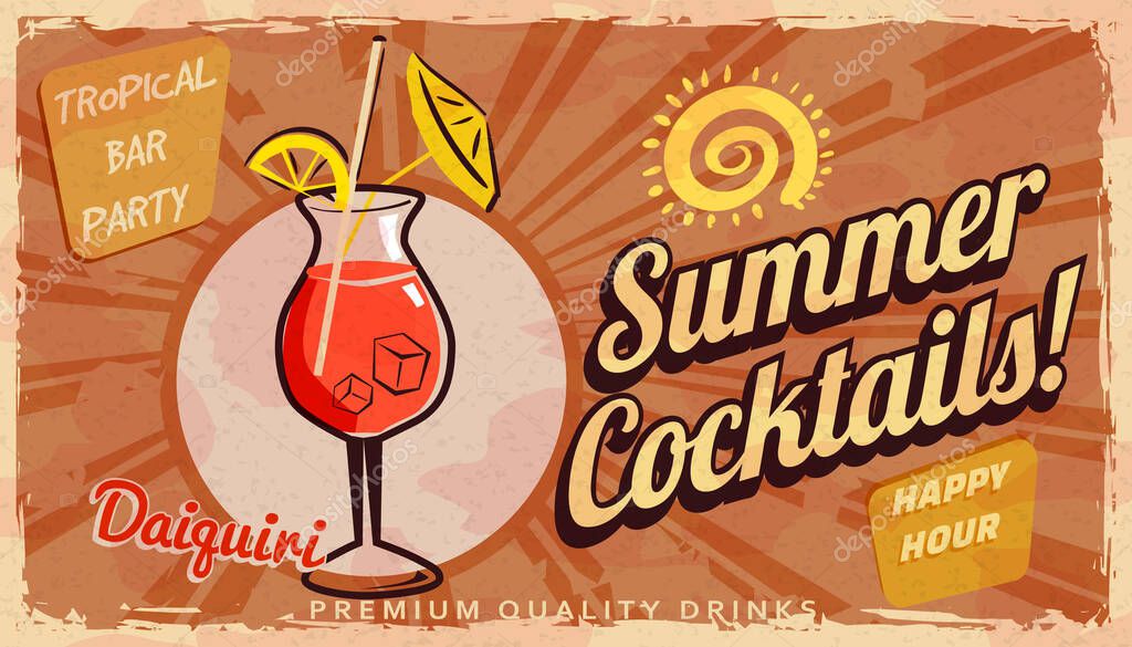 Summer Daiquiri Cocktail Retro banner. Cocktail lounge vintage background, scratched old textured paper. Vector illustration template
