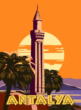Retro Poster Antalya landmark, Turkey resort, sunset skyline. Vintage touristic travel postcard, placard, vector