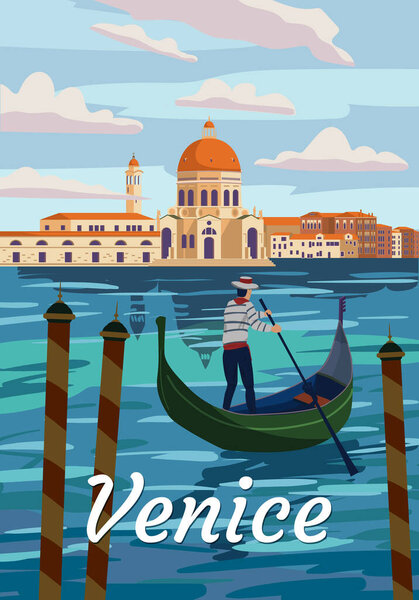 Venice Italia Poster retro style. Grand Canal, gondolier, architecture, vintage card. Vector illustration postcard