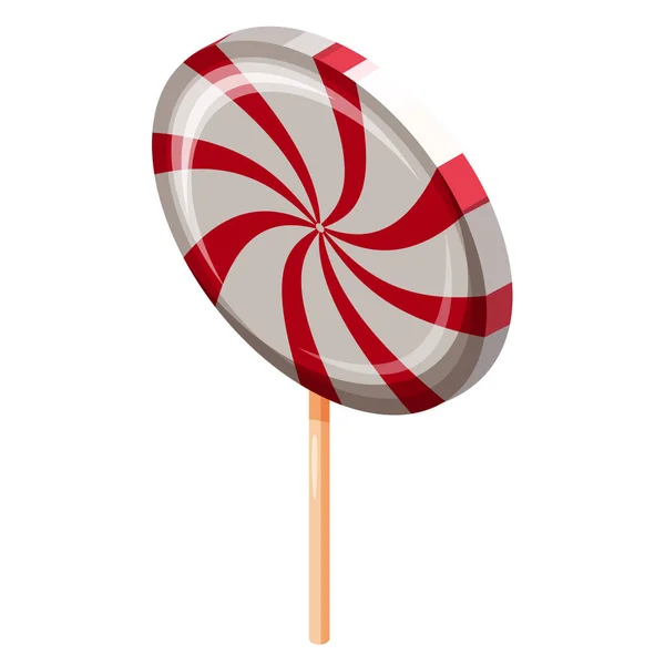 Lollipop Swirl Candy Spiral Isometric. Sweet spiral striped caramel, on stick, vector cartoon style — ストックベクタ