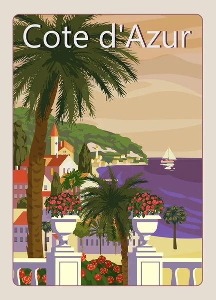 Cote de lazur French Riviera sahil poster klasiği. Tatil köyü, sahil, deniz, sahil. Retro biçim illüstrasyon vektörü