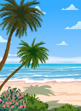 Tropical Summer Travel Poster, ocean, sea, palms, sky, beach. Tourism concept template