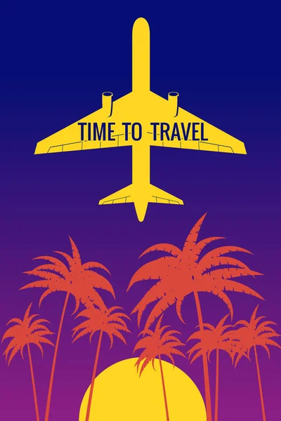 Czas na Plakat Podróży Samolot na niebie, start, dłonie, suncet. Plakat z wakacji, sztandar. Ilustracja wektora — Wektor stockowy