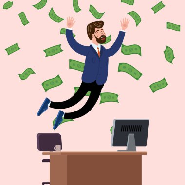 Happy businessman jump in air falling money rain in office. Success finance business, falling cash. Vector illustration cartoon style isolated