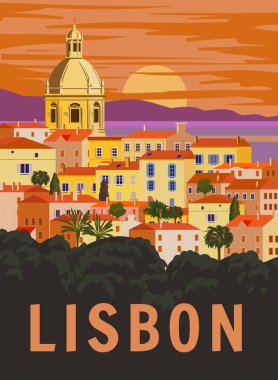 Lizbon VintageTravel Posteri. Portekiz şehir simgesi, deniz, gün batımı gökyüzü. Vektör illüstrasyon retro biçimi, izole