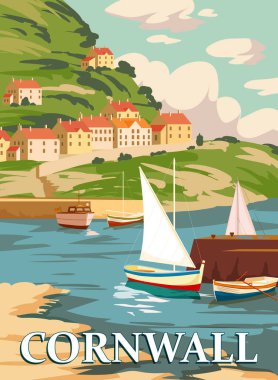 Cornwall Vintage Poster, South West England, United Kingdom. Travel poster coast, buikdings, sailboats. Vector illustration retro style, isolated clipart