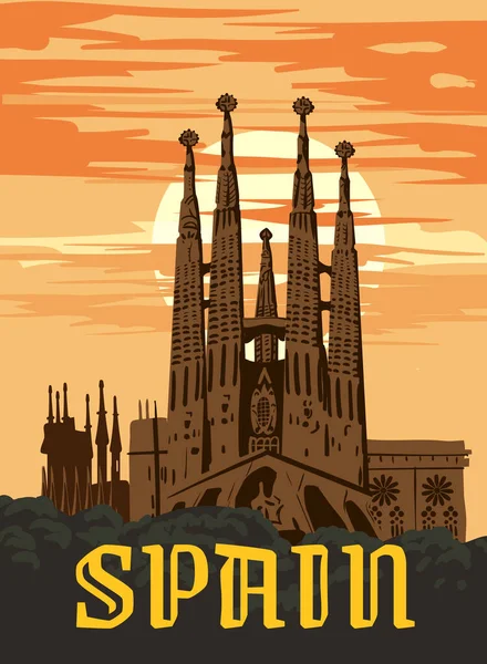 Travel Poster Spain Barcelona Vintage Sagrada Familia Gaudi Basilica Spain — Stock Vector