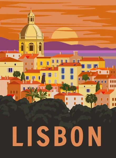 Lissabon Vintagetravel Poster Portugal Stadslandskap Landmärke Hav Solnedgång Himlen Vektor — Stock vektor