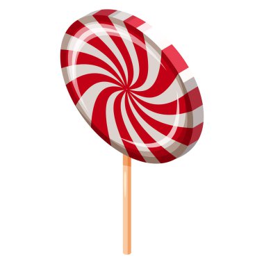 Lolipop Girdabı Şeker Sarmalı Isometric. Tatlı spiral çizgili karamel, çubuk üzerinde, vektör karikatür tarzı çizim izole edilmiş.