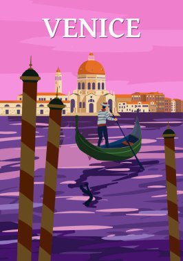 Venice Italia Poster tarzı. Büyük Kanal, gondolcu, mimari, klasik kart. Vektör illüstrasyon kartpostalı izole edildi